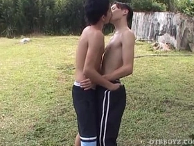 Two uncut twinks, Mario and Leonardo, engage in barebacking and outdoor sex.
