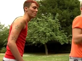 Young Dan Jenkins in a hardcore threesome scene with uncut twinks